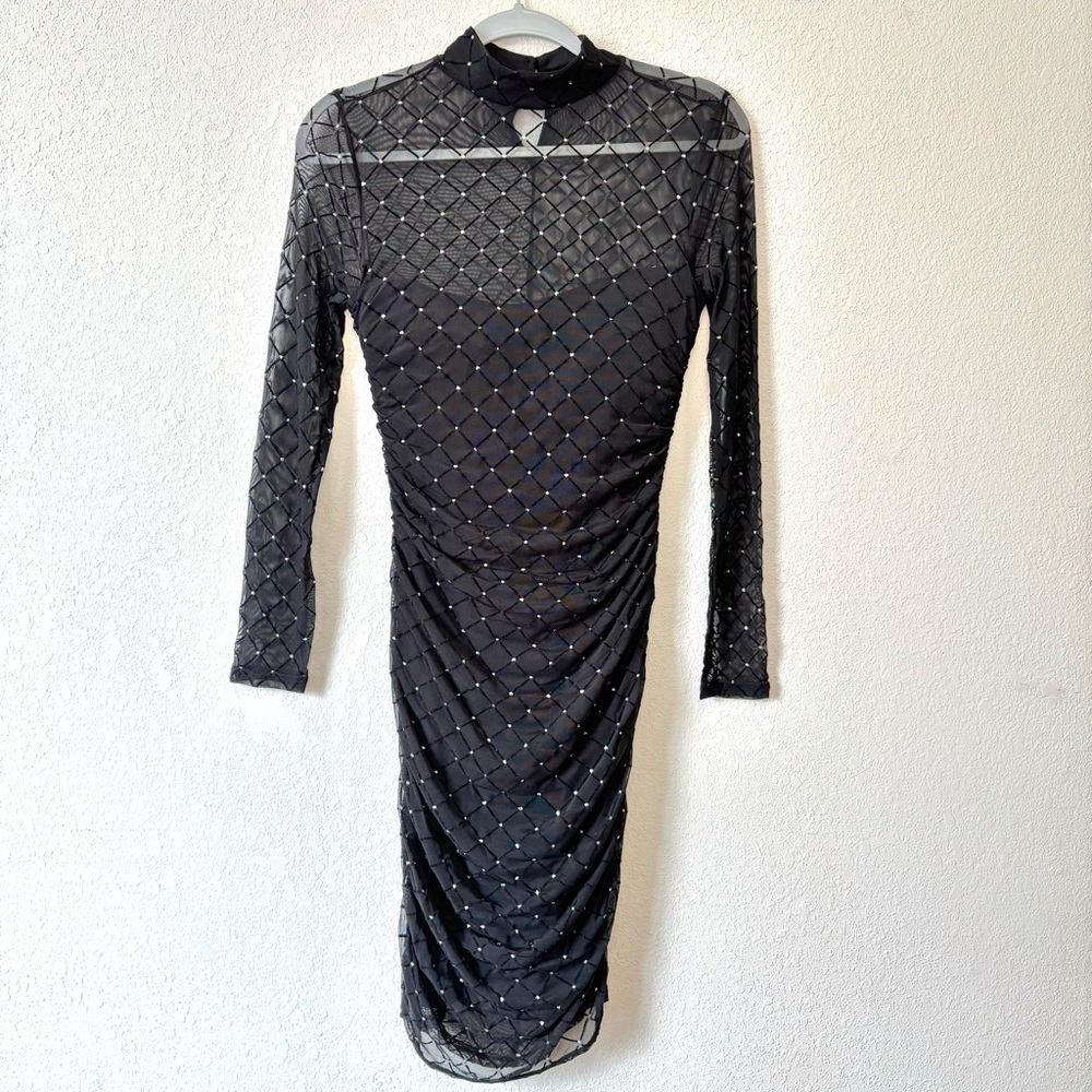 Venus - Black and Silver Embellished Mesh Midi Bodycon Dress in Size S